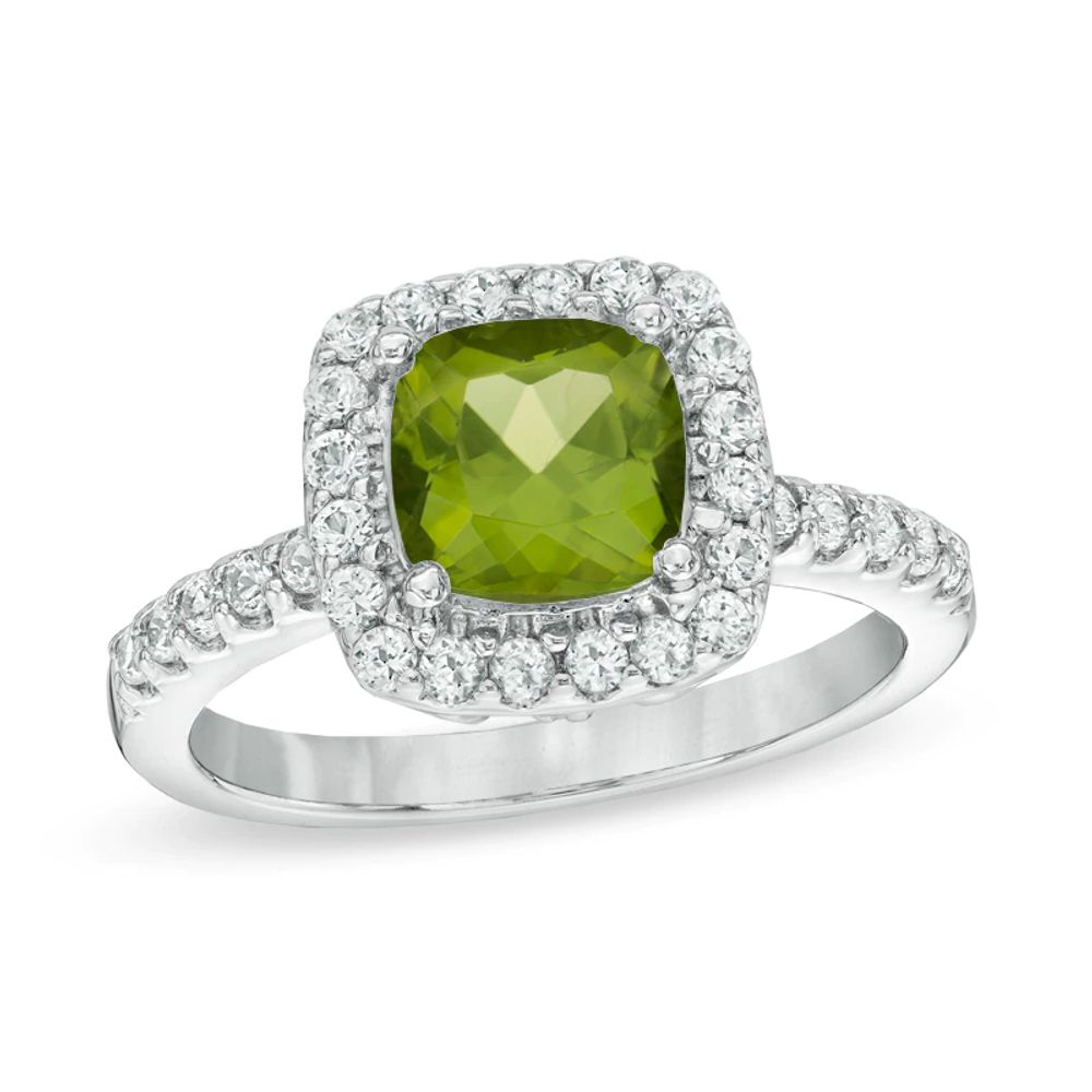 7.0mm Cushion-Cut Peridot and Lab-Created White Sapphire Frame Ring in Sterling Silver|Peoples Jewellers