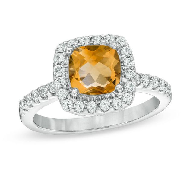 7.0mm Cushion-Cut Citrine and Lab-Created White Sapphire Frame Ring in Sterling Silver