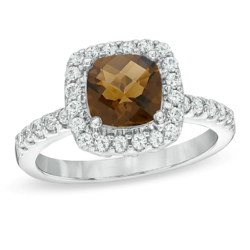 7.0mm Cushion-Cut Smoky Quartz and Lab-Created White Sapphire Frame Ring in Sterling Silver|Peoples Jewellers