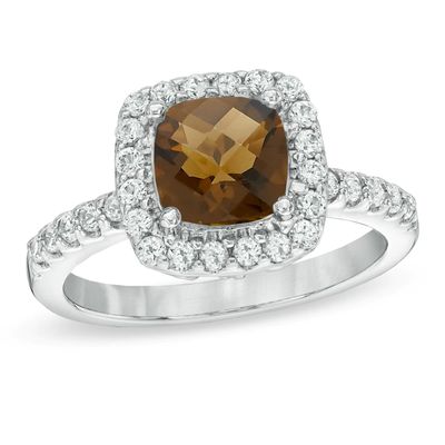 7.0mm Cushion-Cut Smoky Quartz and Lab-Created White Sapphire Frame Ring in Sterling Silver|Peoples Jewellers