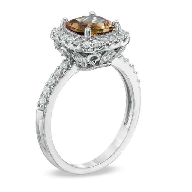 7.0mm Cushion-Cut Smoky Quartz and Lab-Created White Sapphire Frame Ring in Sterling Silver|Peoples Jewellers