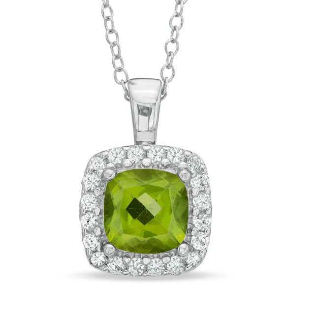 7.0mm Cushion-Cut Peridot and Lab-Created White Sapphire Frame Pendant in Sterling Silver|Peoples Jewellers