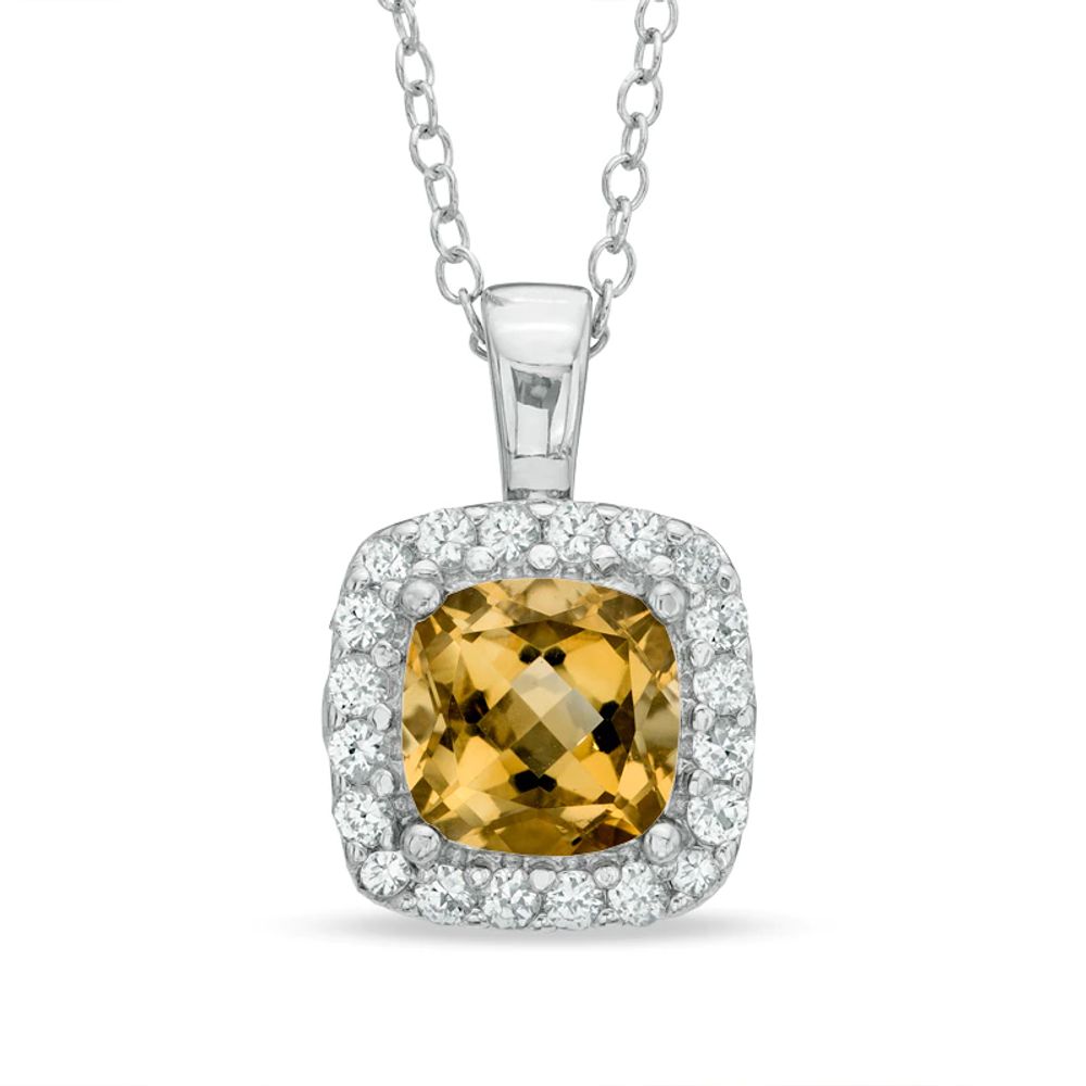 7.0mm Cushion-Cut Citrine and Lab-Created White Sapphire Frame Pendant in Sterling Silver|Peoples Jewellers