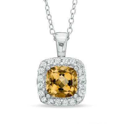 7.0mm Cushion-Cut Citrine and Lab-Created White Sapphire Frame Pendant in Sterling Silver|Peoples Jewellers