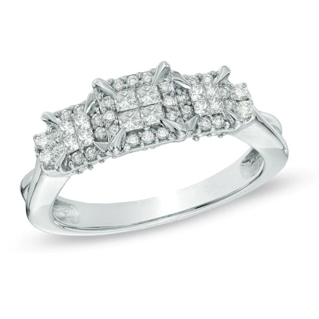 0.50 CT. T.W. Princess-Cut Quad Diamond Frame Three Stone Engagement Ring in 10K White Gold|Peoples Jewellers