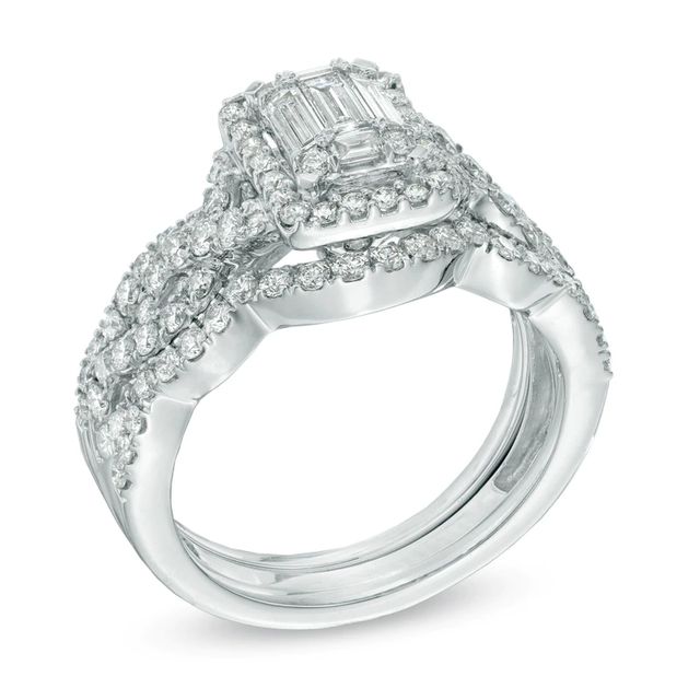 1.50 CT. T.W. Multi-Baguette Diamond Frame Twist Three Piece Bridal Set in 14K White Gold