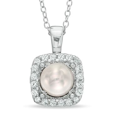 6.5-7.0mm Freshwater Cultured Pearl and Lab-Created White Sapphire Frame Pendant in Sterling Silver|Peoples Jewellers
