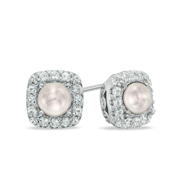 4.5-5.0mm Freshwater Cultured Pearl and Lab-Created White Sapphire Frame Stud Earrings in Sterling Silver|Peoples Jewellers