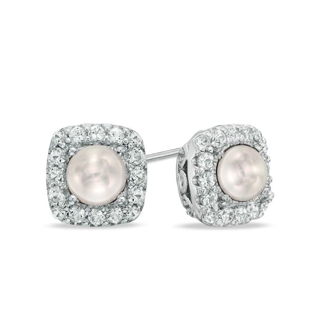 4.5-5.0mm Freshwater Cultured Pearl and Lab-Created White Sapphire Frame Stud Earrings in Sterling Silver