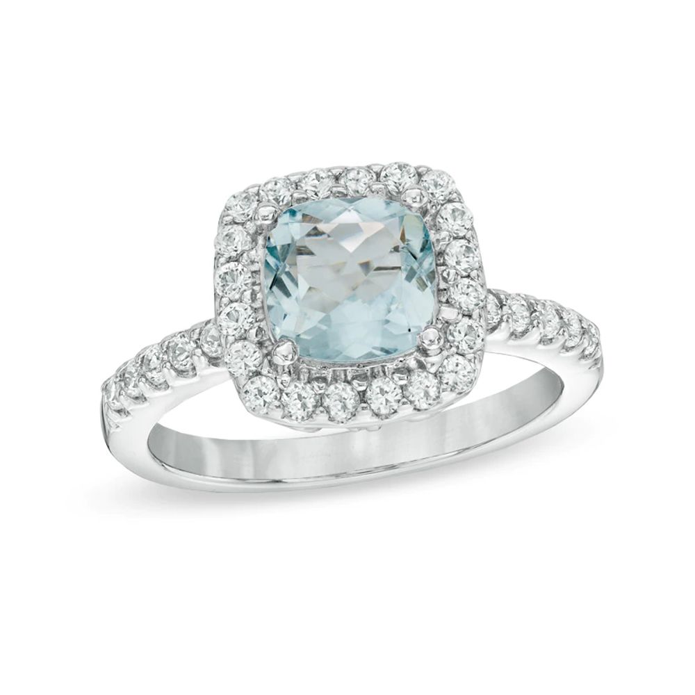 7.0mm Cushion-Cut Lab-Created Blue Spinel and White Sapphire Frame Ring in Sterling Silver|Peoples Jewellers