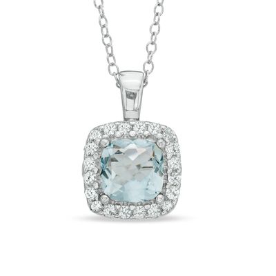 7.0mm Cushion-Cut Lab-Created Blue Spinel and White Sapphire Frame Pendant in Sterling Silver|Peoples Jewellers