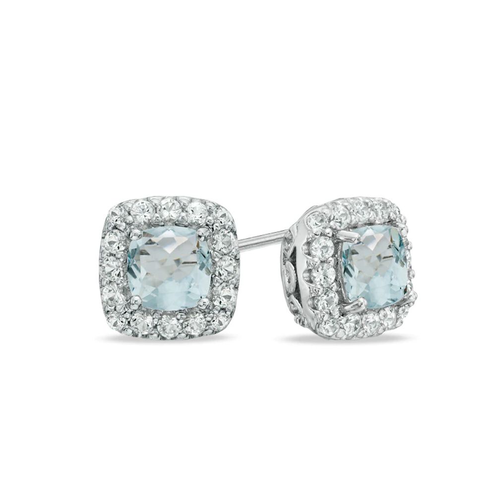 5.0mm Cushion-Cut Lab-Created Blue Spinel and White Sapphire Frame Stud Earrings in Sterling Silver|Peoples Jewellers