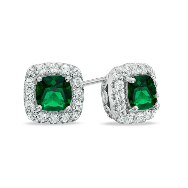 5.0mm Cushion-Cut Green Quartz Doublet and Lab-Created White Sapphire Frame Earrings in Sterling Silver