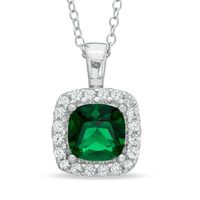 7.0mm Cushion-Cut Green Quartz Doublet and Lab-Created White Sapphire Frame Pendant in Sterling Silver|Peoples Jewellers