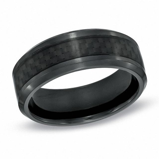 Men's 8.0mm Comfort Fit Carbon Fibre Inlay Black Titanium Wedding Band - Size 10|Peoples Jewellers