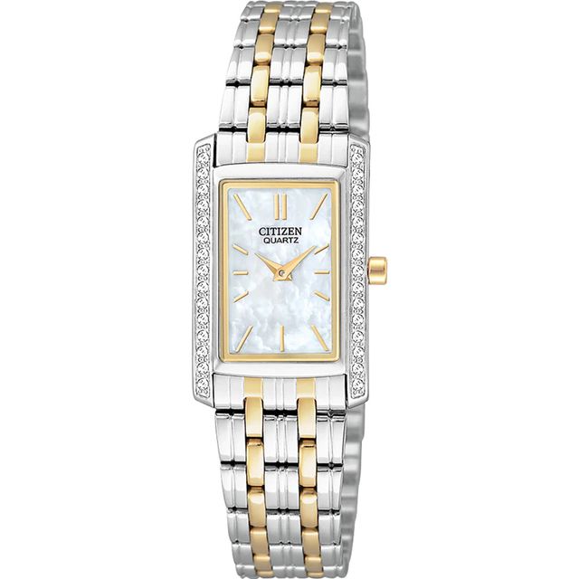 Ladies' Citizen Quartz Crystal Two-Tone Watch with Rectangular Mother-of-Pearl Dial (Model: EK1124-54D)|Peoples Jewellers