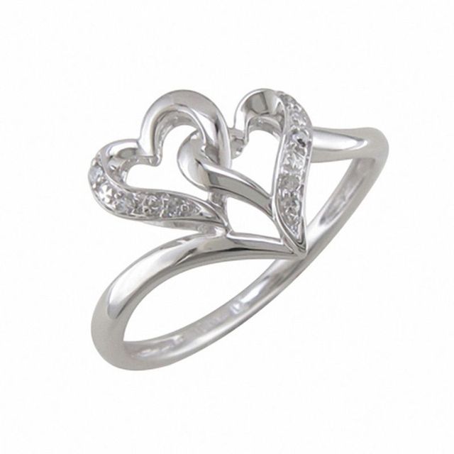 Diamond Accent Double Heart Ring in 10K White Gold|Peoples Jewellers