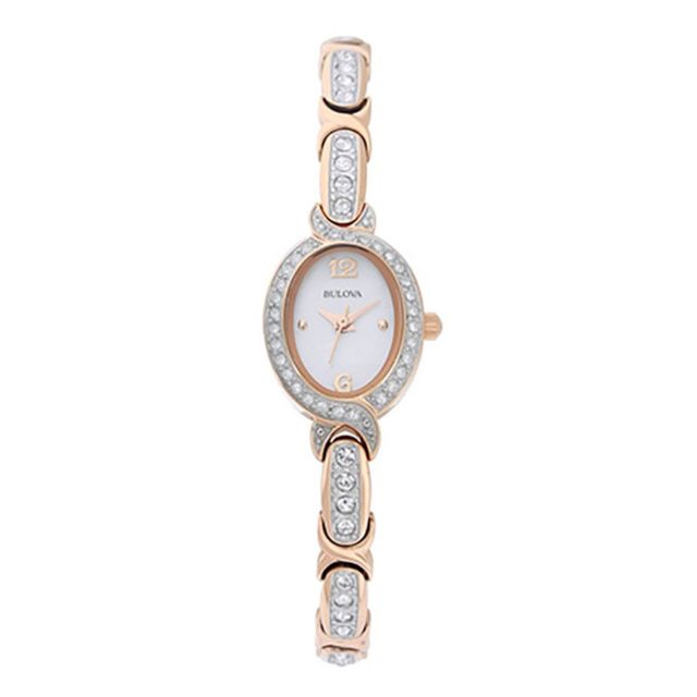 Ladies' Bulova Crystal Accent Rose-Tone Watch with Oval Mother-of-Pearl Dial (Model: 98L200)|Peoples Jewellers