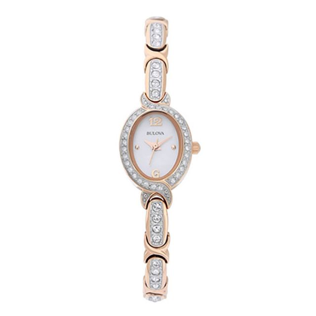 Ladies' Bulova Crystal Accent Rose-Tone Watch with Oval Mother-of-Pearl Dial (Model: 98L200)