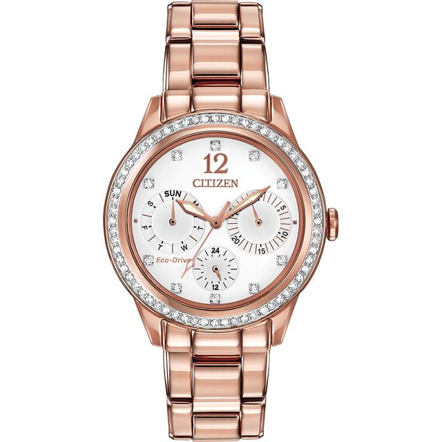 Ladies' Citizen Eco-Drive® Crystal Chronograph Rose-Tone Watch with White Dial (Model: FD2013-50A)|Peoples Jewellers