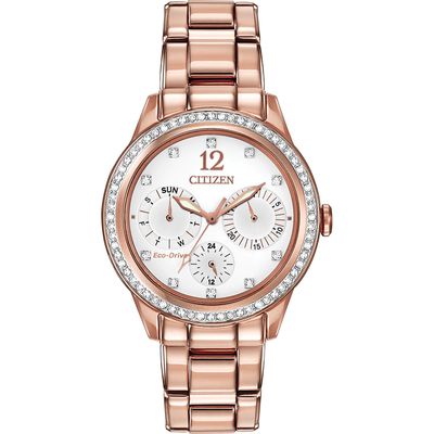 Ladies' Citizen Eco-Drive® Crystal Chronograph Rose-Tone Watch with White Dial (Model: FD2013-50A)|Peoples Jewellers