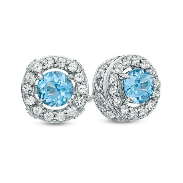 5.0mm Swiss Blue Topaz and Lab-Created White Sapphire Frame Stud Earrings in Sterling Silver|Peoples Jewellers