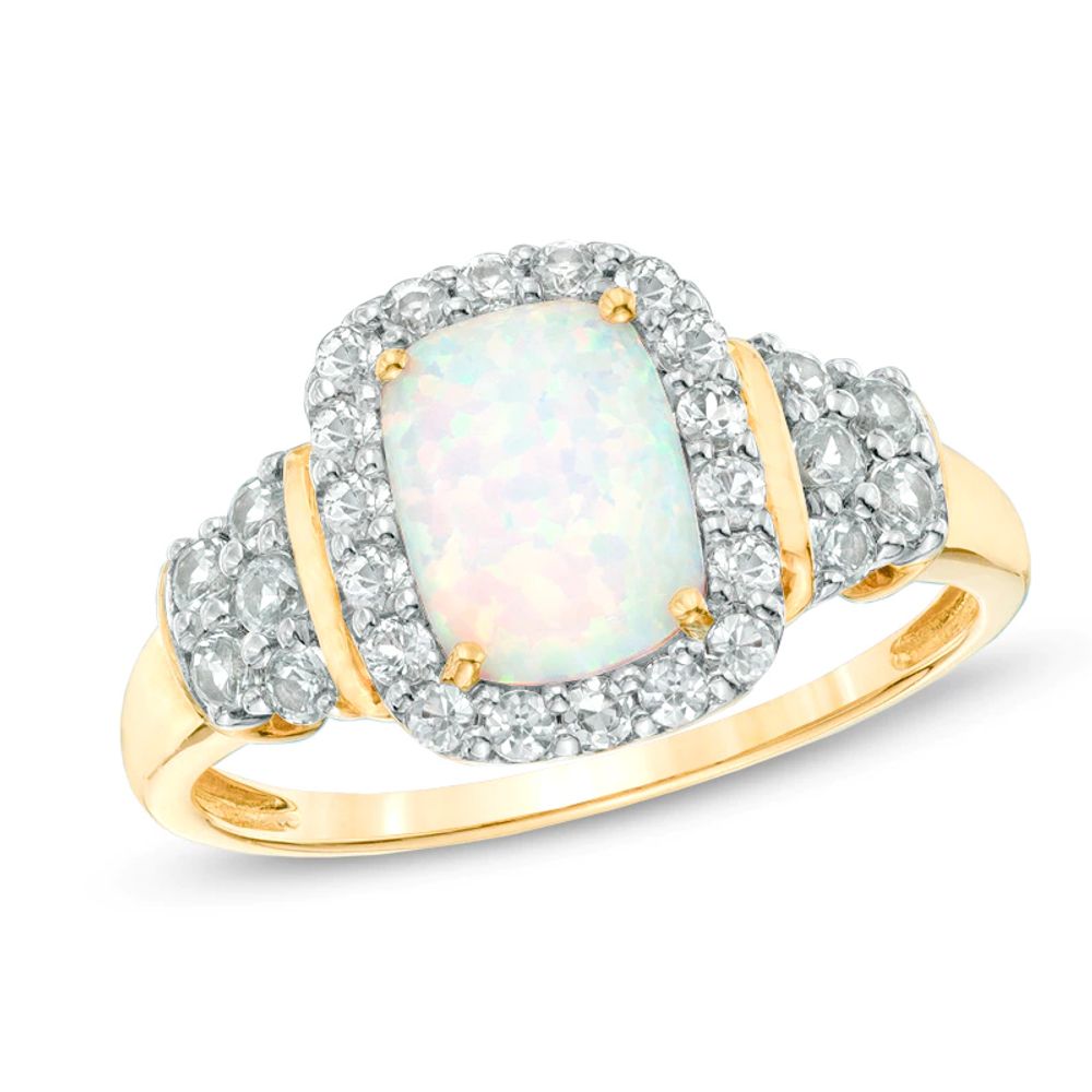 Cushion-Cut Lab-Created Opal and White Sapphire Ring in 10K Gold|Peoples Jewellers