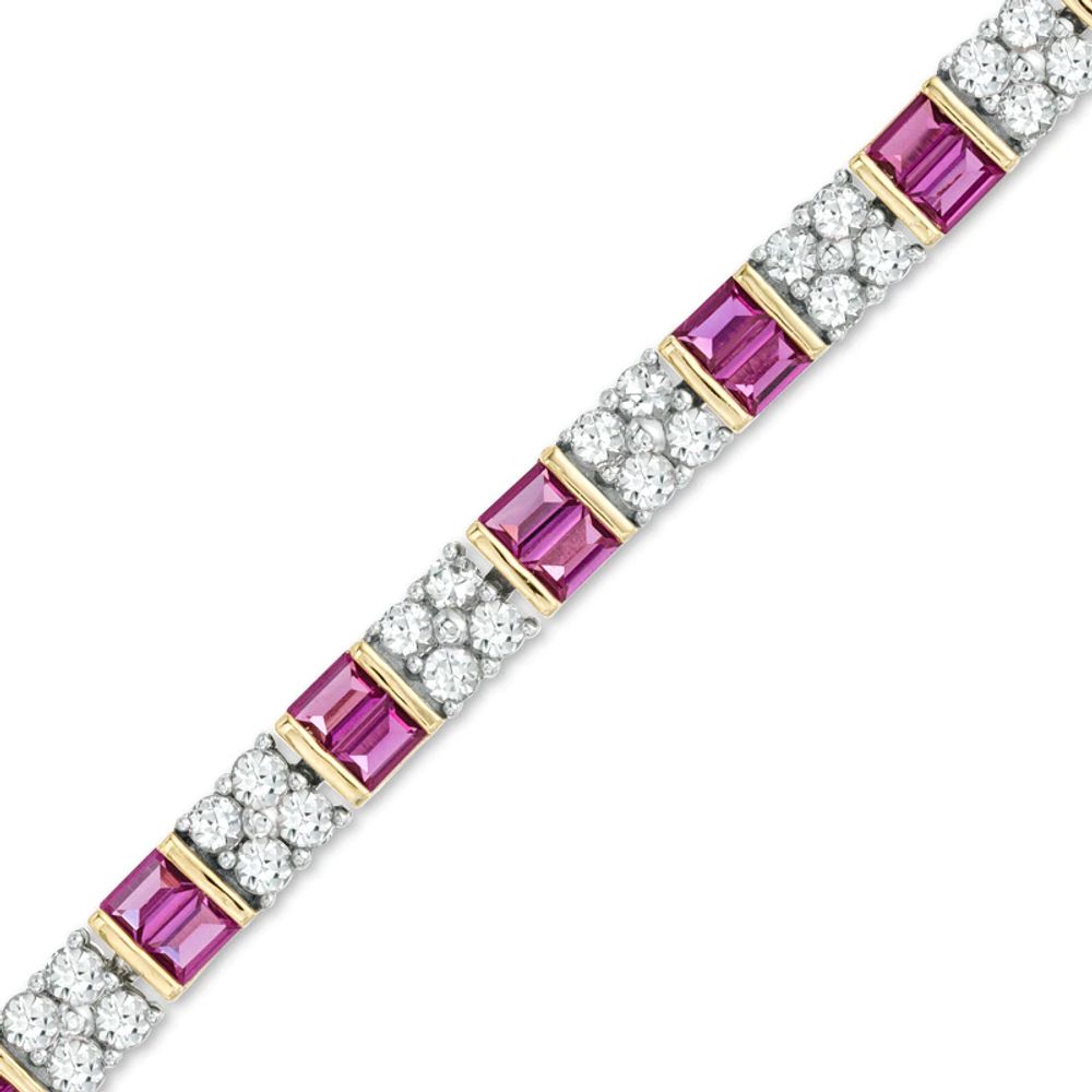 Baguette Lab-Created Ruby and White Sapphire Bracelet in Sterling Silver and 14K Gold Plate - 7.25"|Peoples Jewellers