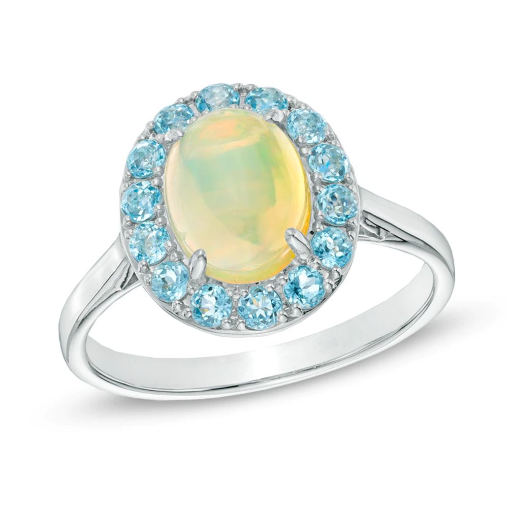 Oval Yellow Opal and Sky Blue Topaz Frame Ring in 10K White Gold|Peoples Jewellers