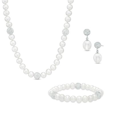6.0-8.0mm Freshwater Cultured Pearl and Crystal Bead Necklace, Bracelet and Earrings Set in Sterling Silver|Peoples Jewellers