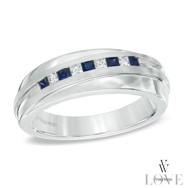 Vera Wang Love Collection Men's Square-Cut Blue Sapphire and 0.15 CT. T.W. Diamond Slant Band in 14K White Gold