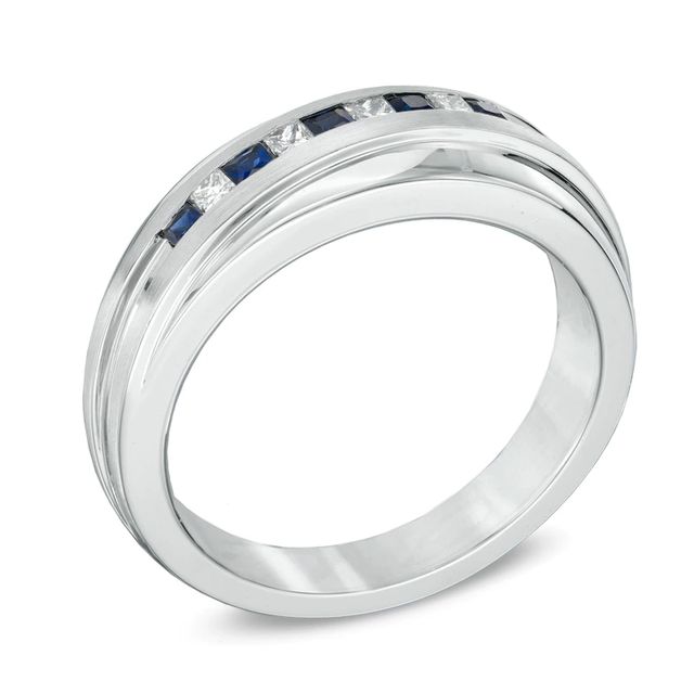 Vera Wang Love Collection Men's Square-Cut Blue Sapphire and 0.15 CT. T.W. Diamond Slant Band in 14K White Gold|Peoples Jewellers