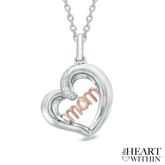 Diamond Accent Tilted "MOM" Heart Pendant in Sterling Silver and 10K Rose Gold