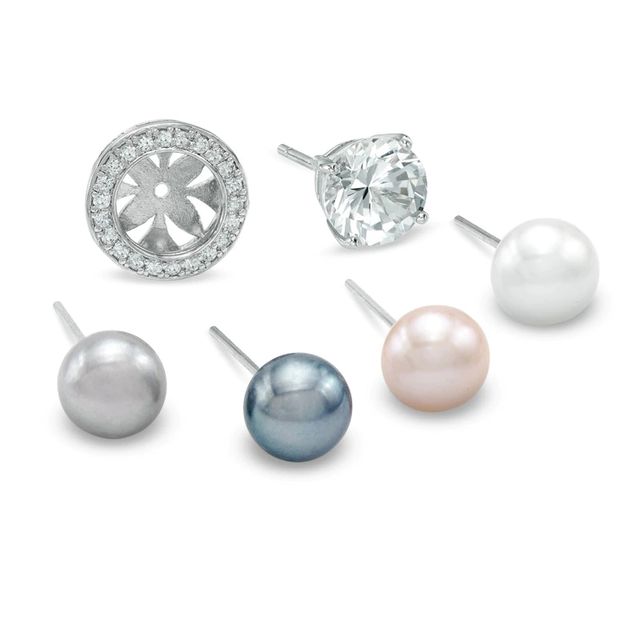 6.5mm Lab-Created White Sapphire and Freshwater Cultured Pearl Earrings and Jacket Set in Sterling Silver|Peoples Jewellers