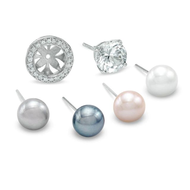 6.5mm Lab-Created White Sapphire and Freshwater Cultured Pearl Earrings and Jacket Set in Sterling Silver