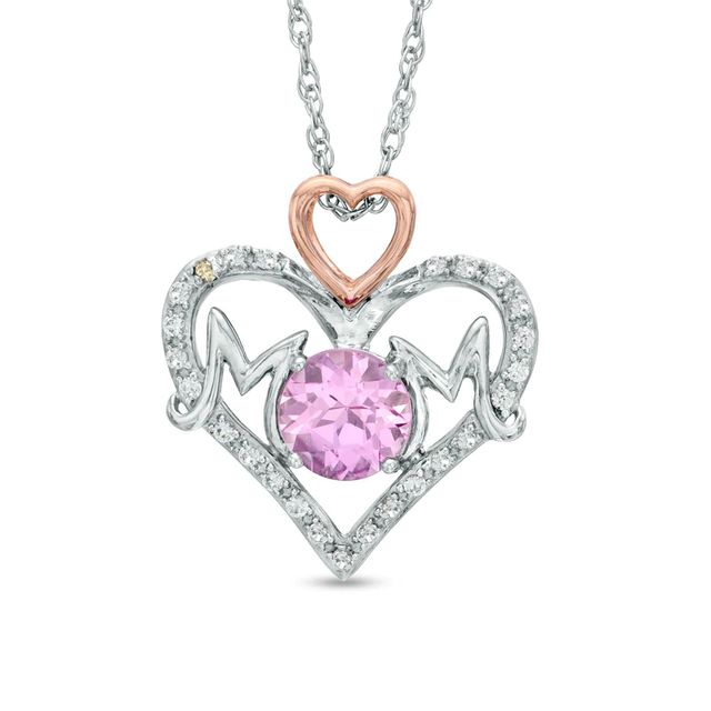 6.0mm Lab-Created Pink and White Sapphire Double Heart "MOM" Pendant in Sterling Silver and 14K Rose Gold Plate|Peoples Jewellers