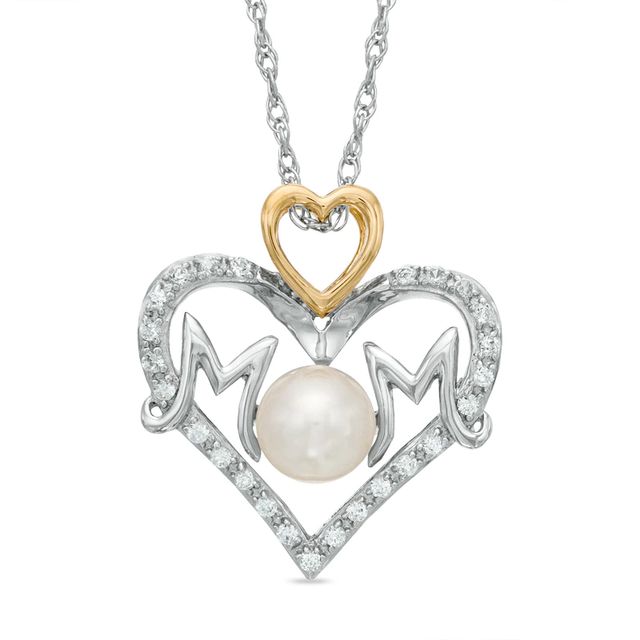 Freshwater Cultured Pearl and Lab-Created White Sapphire "MOM" Heart Pendant in Sterling Silver and 14K Gold Plate