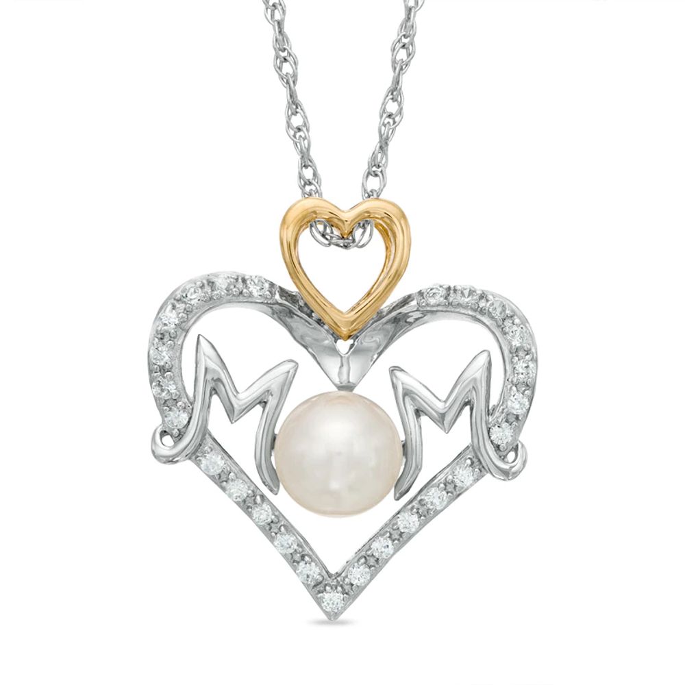 Freshwater Cultured Pearl and Lab-Created White Sapphire "MOM" Heart Pendant in Sterling Silver and 14K Gold Plate|Peoples Jewellers