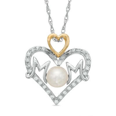 Freshwater Cultured Pearl and Lab-Created White Sapphire "MOM" Heart Pendant in Sterling Silver and 14K Gold Plate|Peoples Jewellers