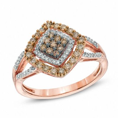 0.50 CT. T.W. Champagne and White Diamond Tilted Square Frame Ring in 10K Rose Gold|Peoples Jewellers