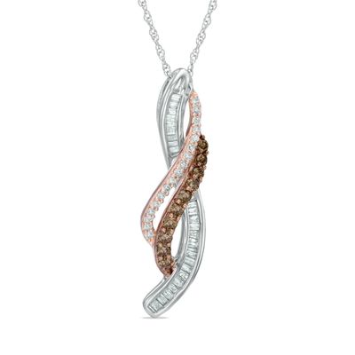 0.33 CT. T.W. Champagne and White Diamond Wave Overlay Pendant in 10K Two-Tone Gold|Peoples Jewellers