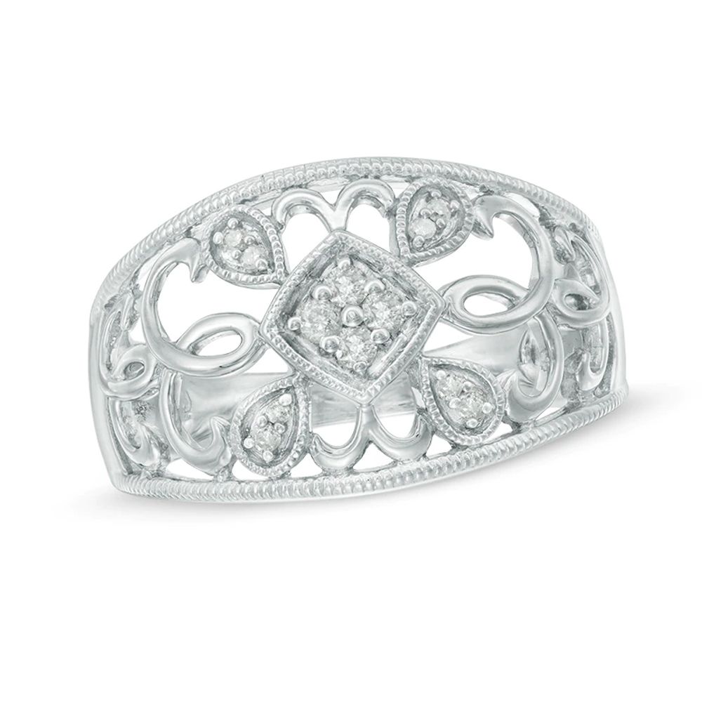 0.10 CT. T.W. Quad Diamond Scroll Dome Ring in Sterling Silver|Peoples Jewellers