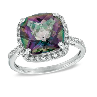 11.0mm Cushion-Cut Mystic Fire® Topaz and Lab-Created White Sapphire Frame Ring in Sterling Silver|Peoples Jewellers