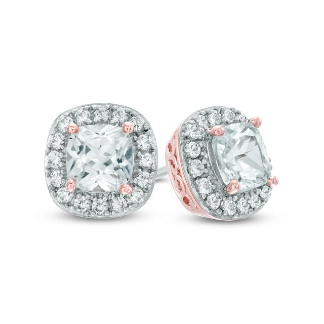 5.0mm Cushion-Cut Lab-Created White Sapphire Frame Earrings in Sterling Silver and 14K Rose Gold Plate|Peoples Jewellers