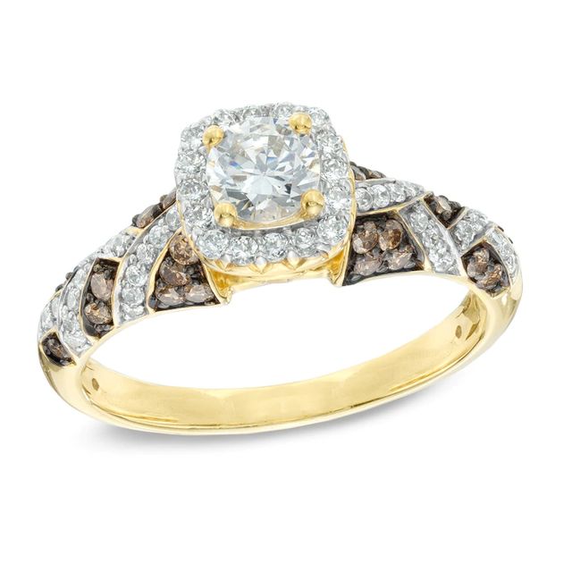 1.00 CT. T.W. Champagne and White Diamond Frame Engagement Ring in 14K Gold