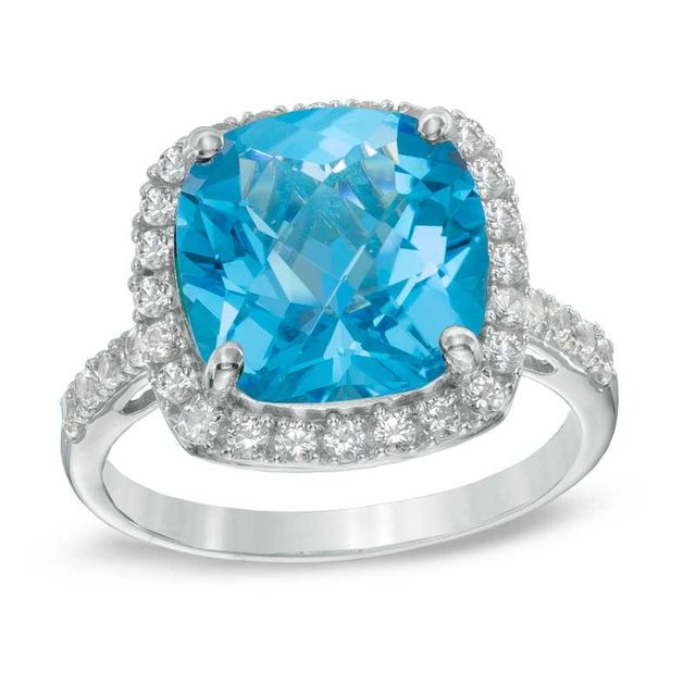 11.0mm Cushion-Cut Swiss Blue Topaz and Lab-Created White Sapphire Frame Ring in Sterling Silver|Peoples Jewellers