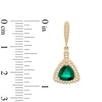 7.0mm Trillion-Cut Lab-Created Emerald and White Sapphire Frame Drop Earrings in Sterling Silver with 14K Gold Plate|Peoples Jewellers