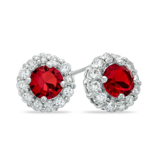 6.0mm Lab-Created Ruby and White Sapphire Frame Earrings in Sterling Silver