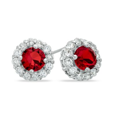 6.0mm Lab-Created Ruby and White Sapphire Frame Earrings in Sterling Silver|Peoples Jewellers