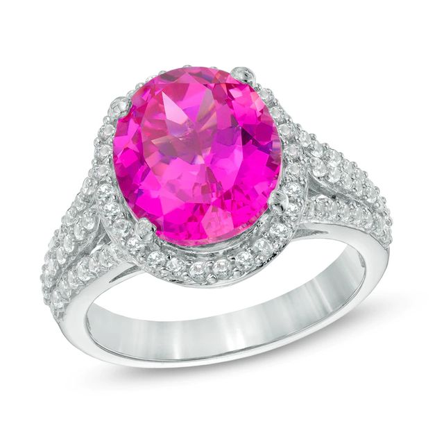 Oval Lab-Created Pink and White Sapphire Frame Ring in Sterling Silver|Peoples Jewellers